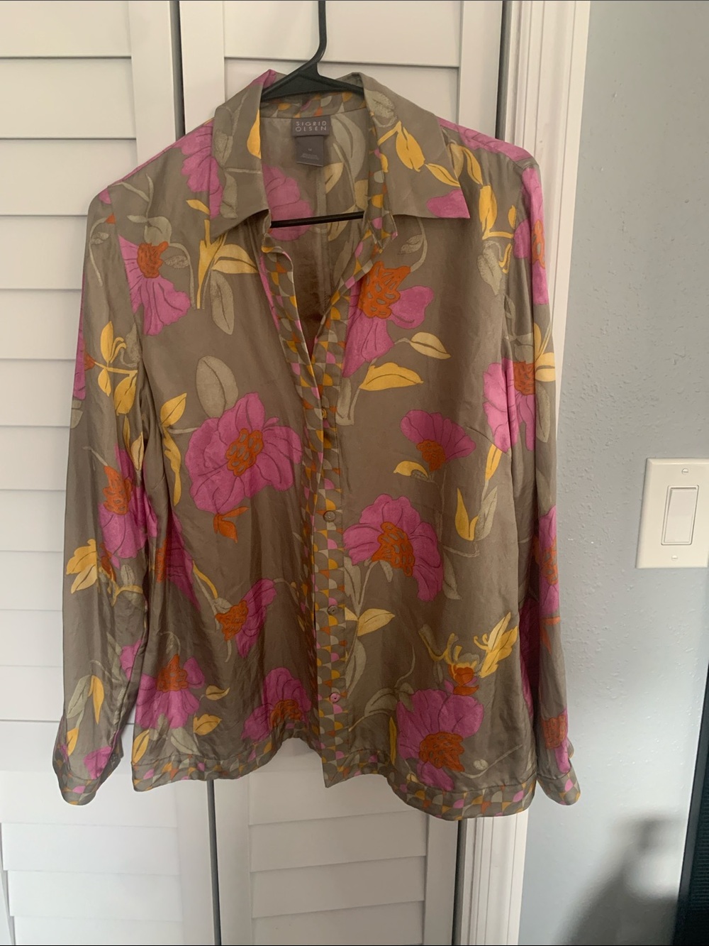 Sigrid Olsen Taupe Button-Down Shirt with Pink and Yellow Floral Print